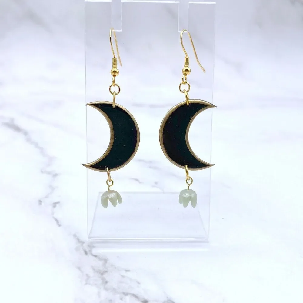 Black Moon Lily of the Valley Dangle Earrings